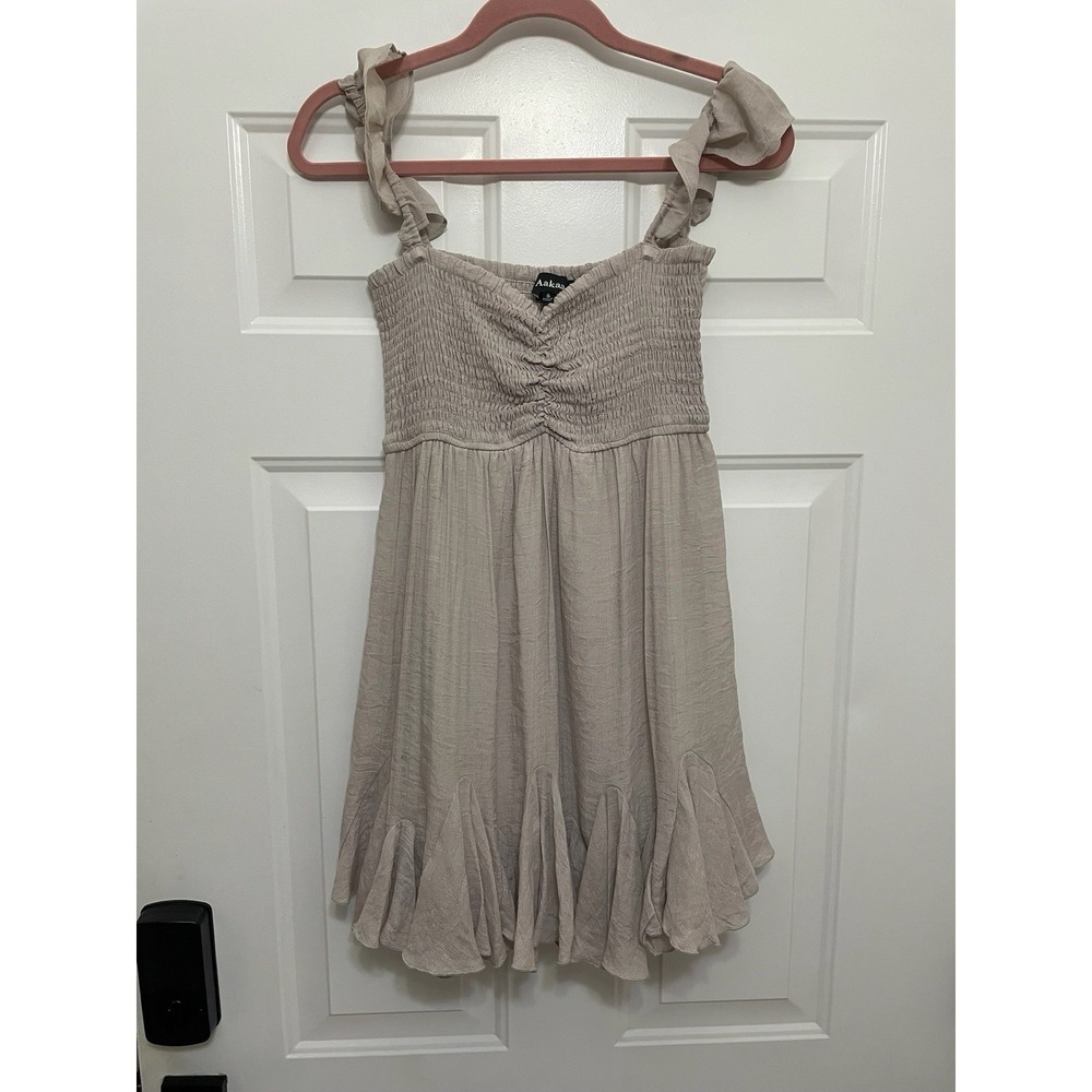 Aakaa Mahoney Mini Dress Size Small Sand Smocked Ruffled Lined On-Off‎ Shoulder